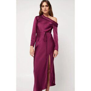 Mossman Motion Burgundy Satin One Shoulder Maxi Dress Cowl Asymmetrical Hem 4